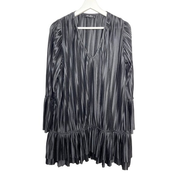 Anna Grace Small Pleated Black Satin Mini Dress V Neck Tiered Party Cocktail - Picture 1 of 12